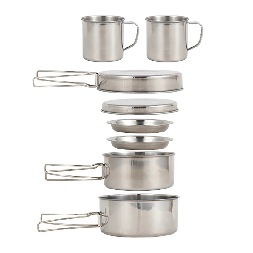 Outdoor Camping Kitchen Set - 8個/セット キャンプ調理器具セット ステンレス製調理鍋とフライパンセット プレートとカップ付き アウトドアハイキングバックパッキング用