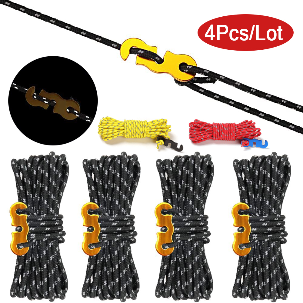 Outdoor Camping Canopy - 4 個のアウトドアガイラインテントコード反射キャンプロープアルミガイラインアジャスターテンショナーポーチテントタープキャノピー用