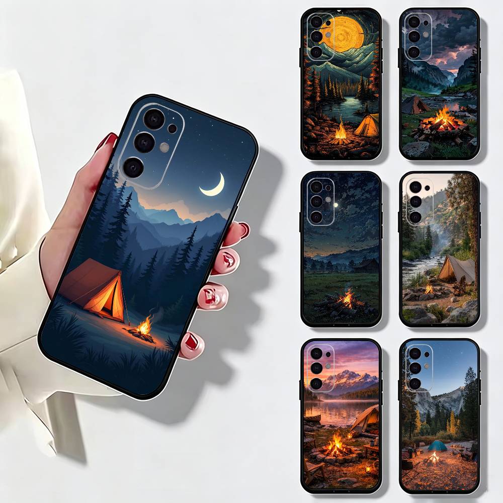 Outdoor Camping Anime - 山岳自然アウトドアキャンプ用スマホケース Samsung S25、S24、S21、S22、S23、S30、Ultra、S20、Plus、Fe対応 ソフトシリコンブラックカバー
