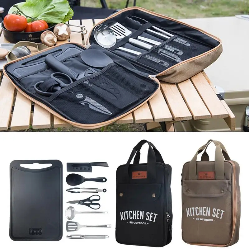 Outdoor Camping Kitchen Set - 8点セット キャンプキッチン調理器具セット ポータブル屋外旅行用具 ステンレス製調理・グリルセット バーベキューピクニック用