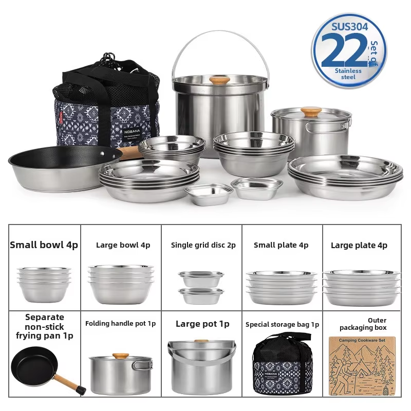 Outdoor Camping Kitchen Set - NOBANA 最新の屋外ステンレス鋼ポットセットキャンプファミリーポットセット 5L ポータブルピクニックスープポット揚げ蒸し家庭用ポット