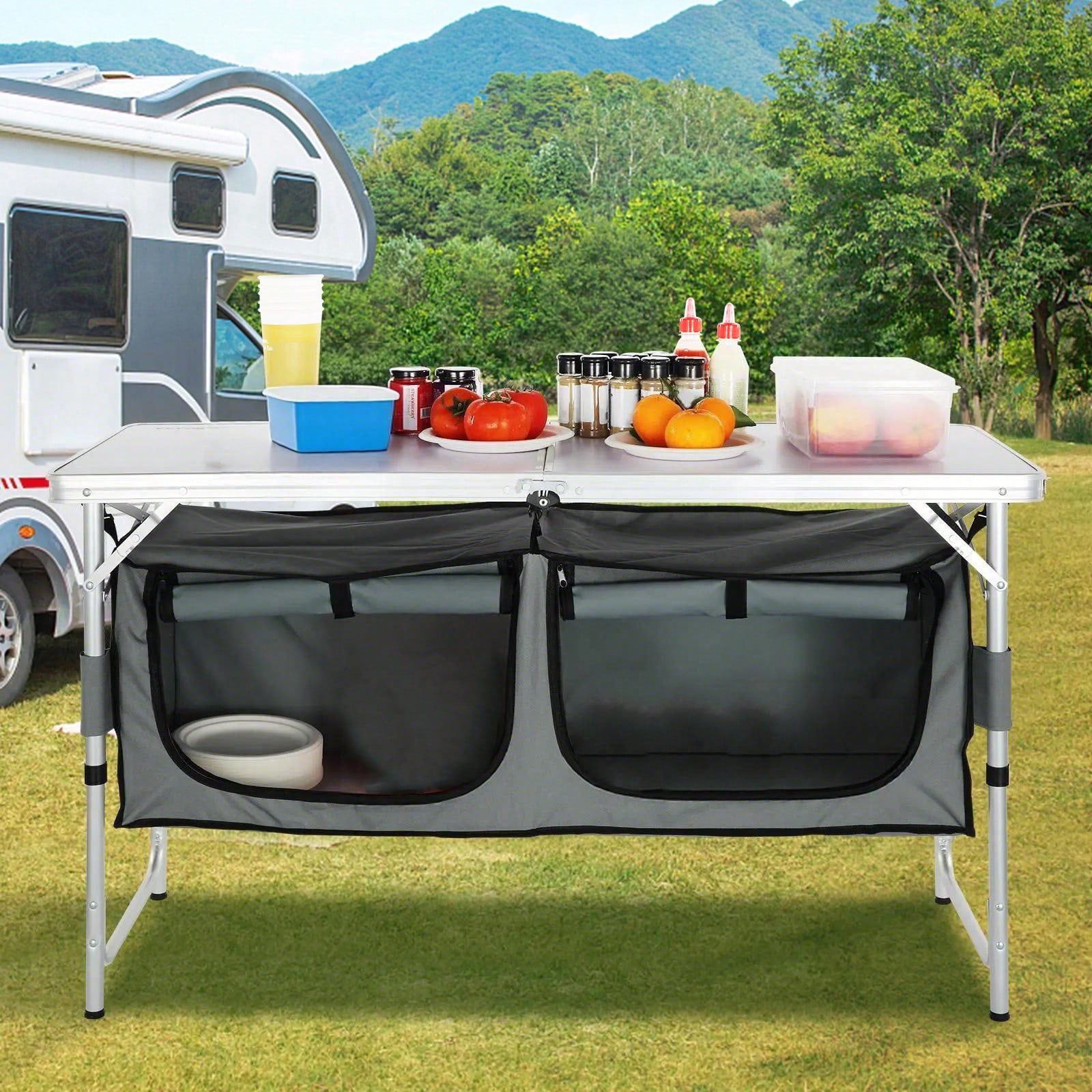 Outdoor Camping Kitchen Set - クイックセットアップ折りたたみ式キャンプキッチンテーブル（キャリーバッグ付き）、高さ3段階調整可能なMDFテーブル、アウトドアピクニック、バーベキュー、キャンプ、RV旅行に最適