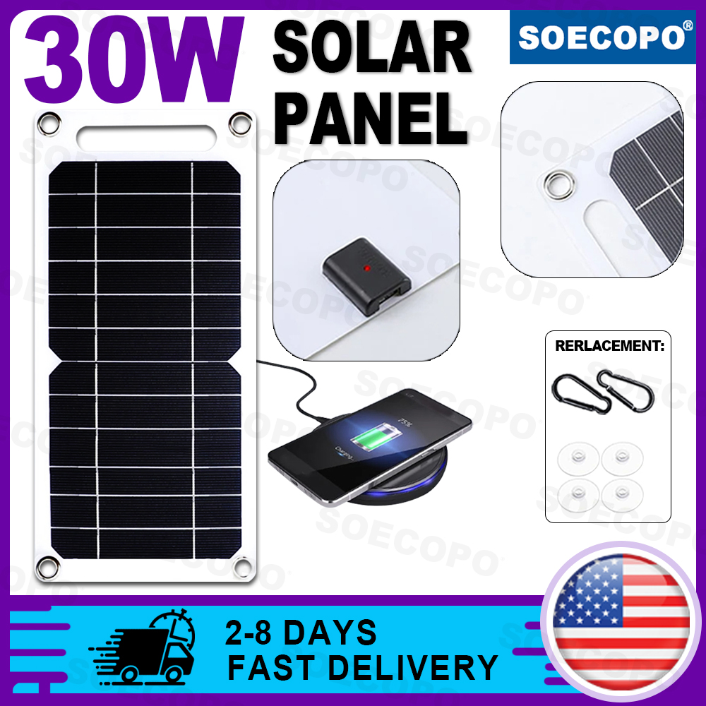 Outdoor Camping Warehouse - SOECOPO 30W 軽量フレキシブルソーラーパネルキット、無料ミニソーラーレギュレーター、完全なフックと吸盤アクセサリー付き、携帯電話の屋外キャンプ充電用ポータブル、米国倉庫から2-8日で迅速な国内配送