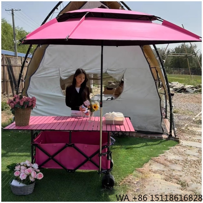 Outdoor Camping Canopy - 420L高品質4段階高さ調節可能ヘビーデューティー折りたたみ式ワゴン（キャノピー付き、ピンク、幅広ホイール）キャンプ＆販売カート用