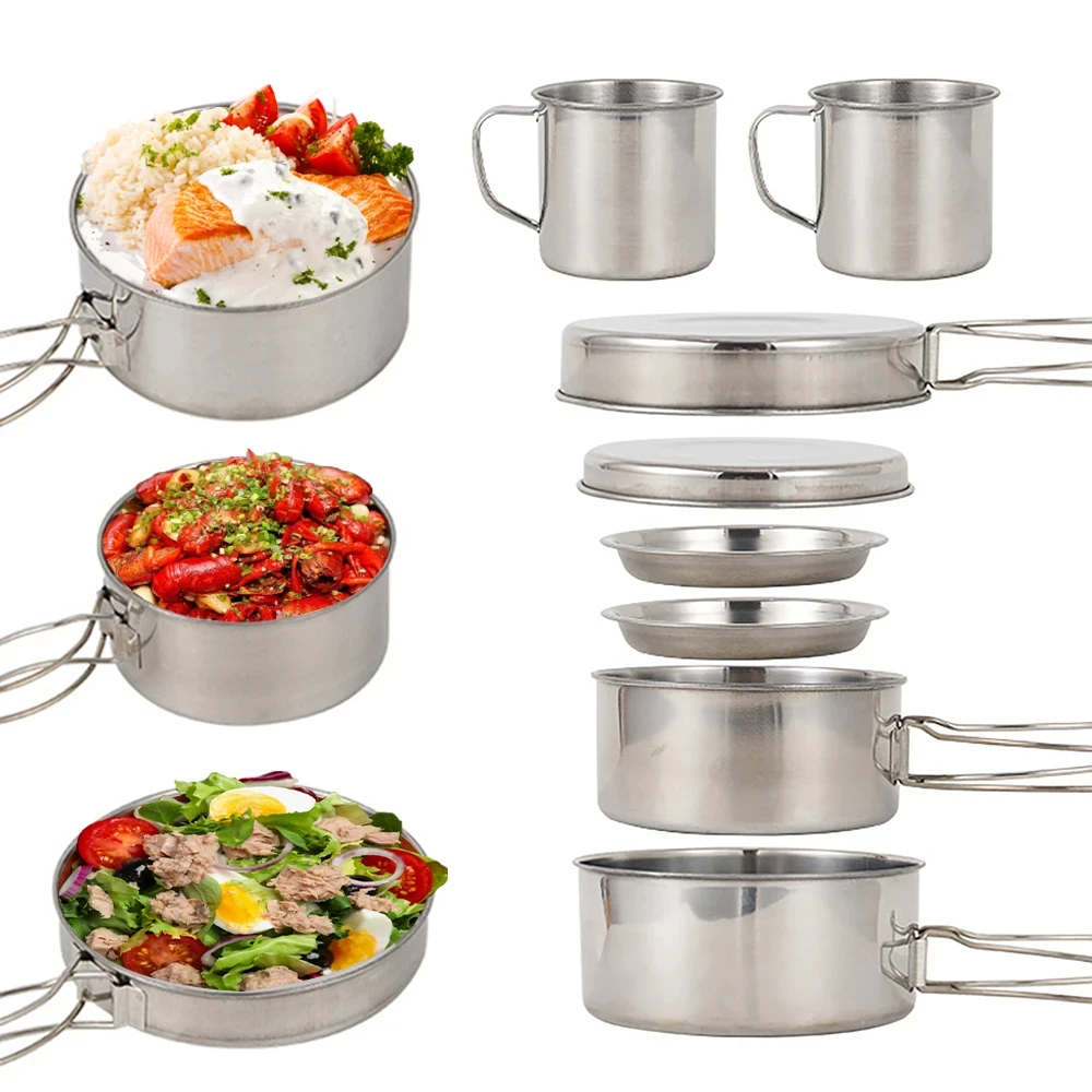 8個/セット キャンプ調理器具セット ステンレス製鍋とフライ - Outdoor Camping Kitchen Set のレビューと価格