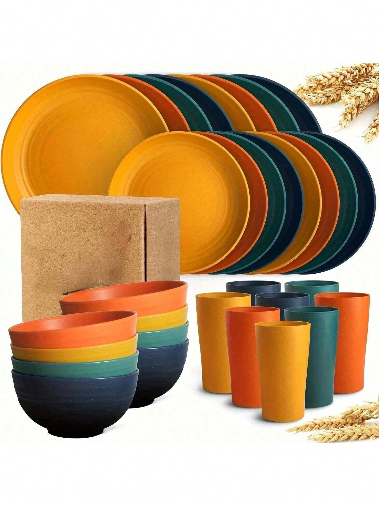 16ピース キッチン用麦わら食器セット、4人用、ディナープレ - Outdoor Camping Kitchen Set のレビューと価格