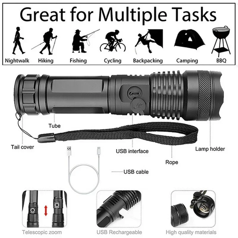 ハイパワー XHP70 LED 懐中電灯 USB-C 充電式 - Outdoor Camping Lampe のレビューと価格